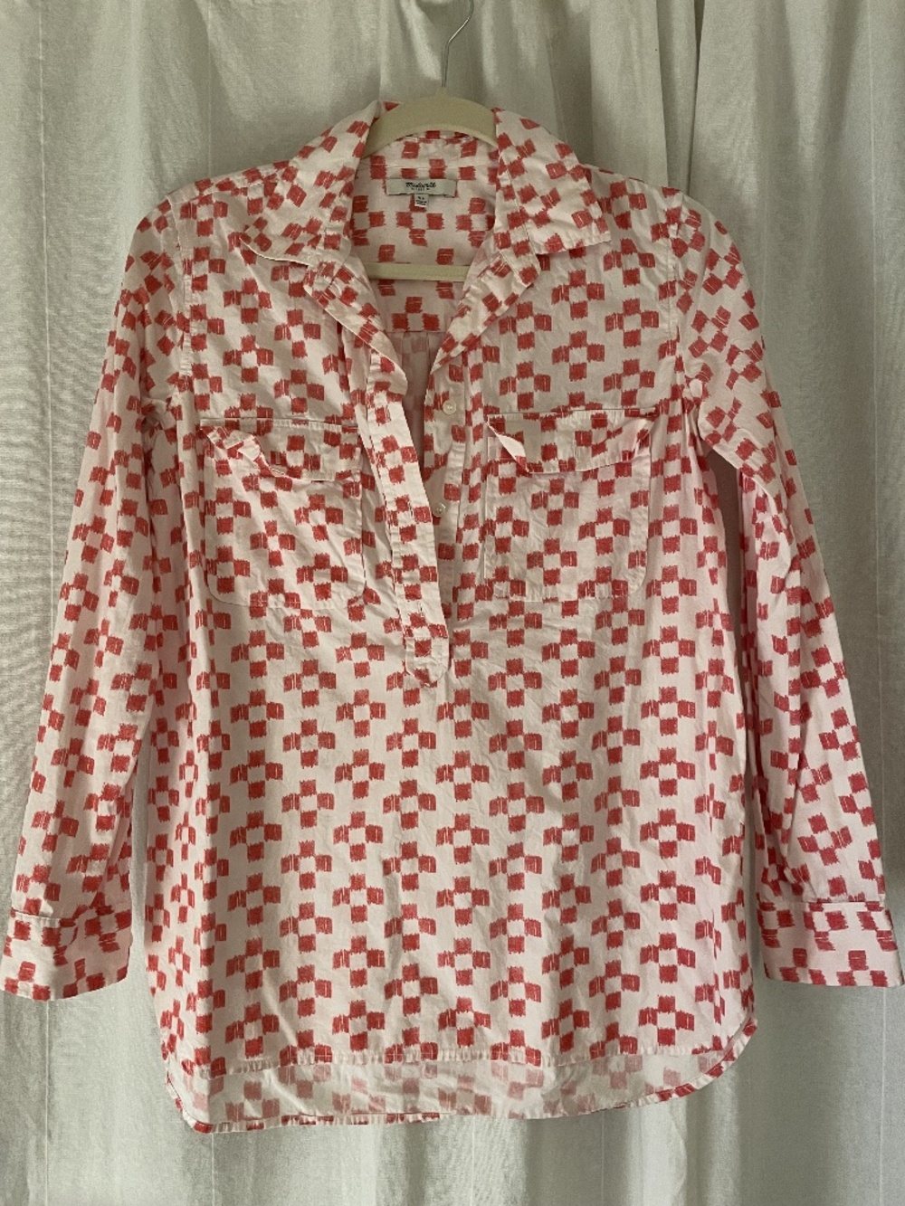Madewell Red & White Popover Crosshatch Ikat Shirt Size XS